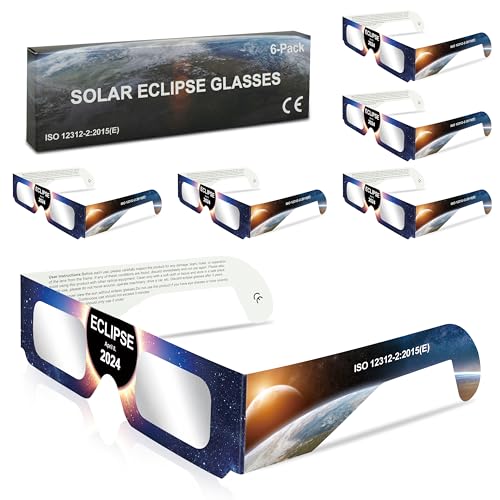 Sngeirkn Solar Eclipse Glasses AAS Approved 2024, 6 Pack Solar Eclipse Glasses for Direct Sun Viewing-ISO 12312-2:2015(E) & CE Certified
