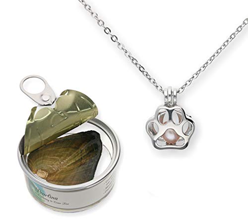 Pearlina Paw Print Cultured Pearl in Oyster Necklace Set Silver-tone Pendant w/Stainless Steel Chain 18'