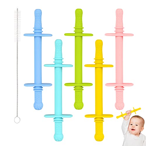 Fu Store Hollow Teether Tube with Safety Shield, 5 Pack Chew Straw Toy for Infant Toddlers Silicone Teething Toys for Babies 3-12 Months BPA Free/Freezable/Dishwasher and Refrigerator Safe