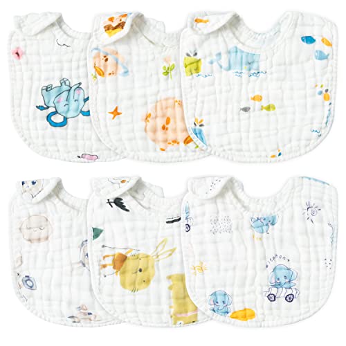 Zainpe 6Pcs Snap Muslin Cotton Baby Bibs Elephant Whale Rabbit Pattern Feeding Bib Adjustable Machine Washable Unisex Burp Cloths with 6 Absorbent & Soft Layers for Boys Girls Drooling Teething Eating