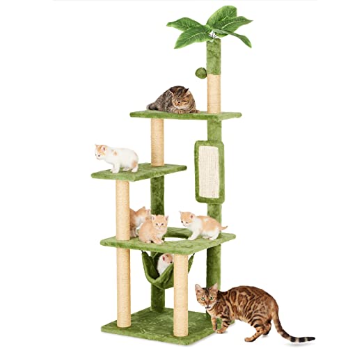 TSCOMON 55' Cat Tree for Indoor Cats with Green Leaves, Multi-Level Large Cat Tower for Indoor Cats with Hammock, Plush Cat House with Hang Ball Toy and Cat Sisal Scratching Posts Cat Furniture, Green