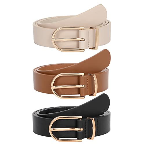 JASGOOD 3 Pack Women’s Leather Belts for Jeans Pants Fashion Ladies Belt with Gold Buckle A-Black+Brown+Beige，Fit Waist Size 25'-31'