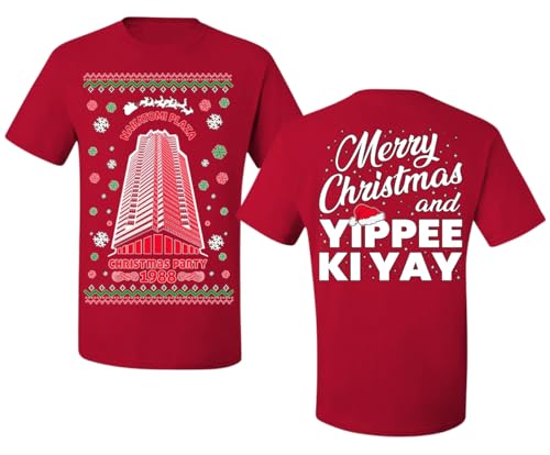 Clean Nakatomi Plaza Christmas Party 1988 Ugly Christmas Sweater Front and Back Men's T-Shirt, Red, Large