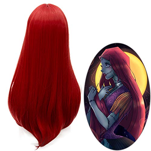 60cm Red Sally Wig for Women, Long Straight Center Part Cosplay Wig for Halloween Costume Party