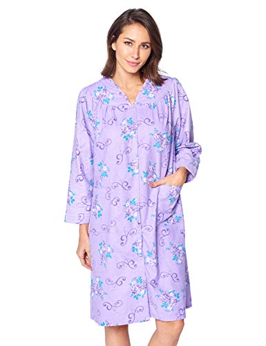 Casual Nights Womens Floral Snap Front Flannel Duster Long Sleeve Lounger Nightgown Nightshirt, Purple Violet, X-Large