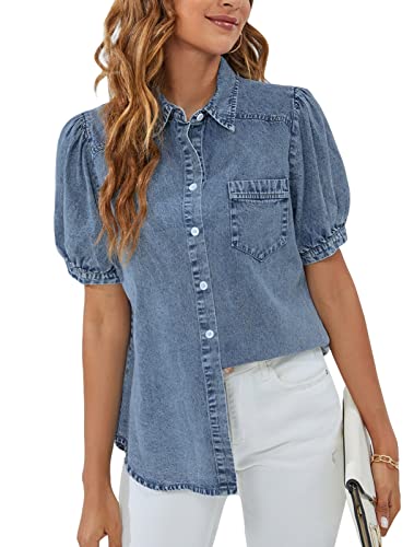 BMJL Womens Denim Shirt Business Casual Button Down Work Blouses Puff Sleeve Summer Tops Blue