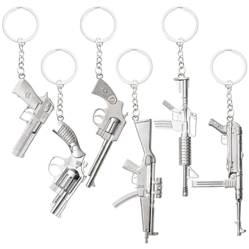 Juvale 6 Pack Mini Gun Keychains for Men, Silver Metal Pistol Key Ring Pendants (6 Assorted Designs and Sizes)