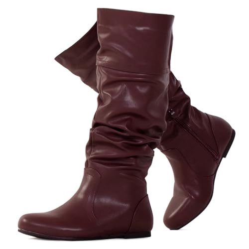 RF ROOM OF FASHION Women's Slouchy Knee High Hidden Pocket Boots (REGULAR CALF) WINE PU Size.7