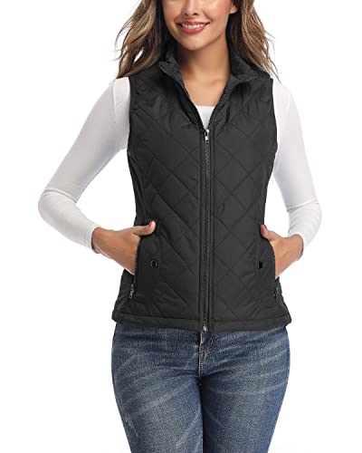 LONGKING Black Women's Vest, Stand Collar Lightweight Zip Quilted Vest for Women L