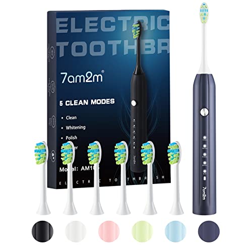 7AM2M Sonic Electric Toothbrush with 6 Brush Headsfor Adults, High Power Rechargeable Toothbrushes, One Charge for 90 Days, 5 Modes with 2 Minutes Build in Smart Timer, Roman Column Handle Design