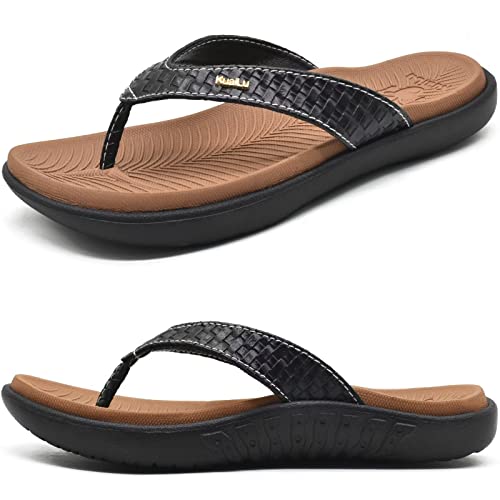 KuaiLu Flip Flops for Women Ladies Yoga Mat Comfortable Sport Walking Thong Sandal With Plantar Fasciitis Arch Support Slip-on Slides Indoor Outdoor For Summer Size 8.5 Khaki Black