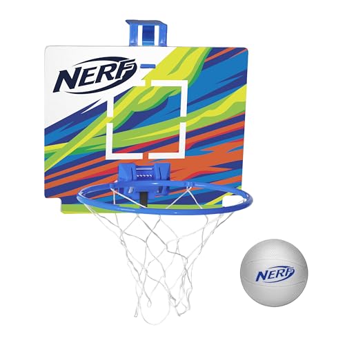 NERF Mini Over the Door Basketball Hoop - Nerfoop Indoor Basketball Hoop for Kids - Toy Door Basketball Hoop + Mini NERF Foam Basketball Game Set - Perfect for Bedroom Indoor Basketball - Blue
