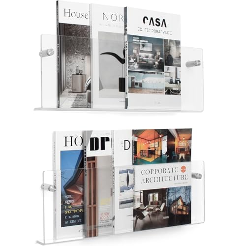 XOHYW 2 Pack Clear Acrylic Magazine Holder, Wall Mount Hanging Bookshelf Literature Storage Rack, Brochure File Display Shelf for Waiting Room, Living Room, Office, Home