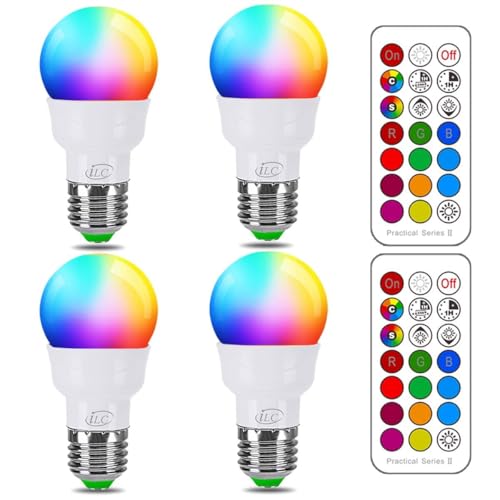 ILC RGB LED Light Bulb, Color Changing Light Bulb, 40W Equivalent, 450LM, 2700K Warm White 5W E26 Screw Base RGBW, Flood light bulb- 12 Color Choices - Timing Infrared Remote Control (4 Pack)