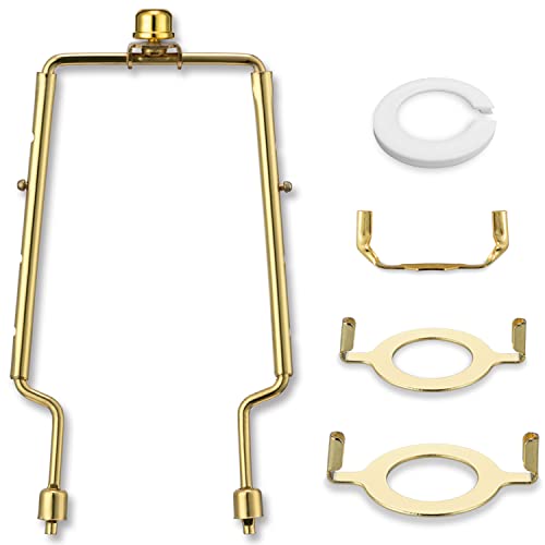 Lamp Shade Holder, 7 8 9 10 inch Adjustable Lamp Harp, Hardware Parts Included Brass Harp Frame and Finials, Standard Saddle, E14 E26 E27 Light Base UNO Fitter Adapter, Lamp Bracket Accessories (Gold)