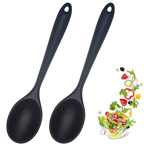 2 Pcs Silicone Nonstick Mixing Spoon, Silicone Spoons for Cooking Heat Resistant, Cooking Utensil for Kitchen Cooking Baking Stirring Serving (Black)