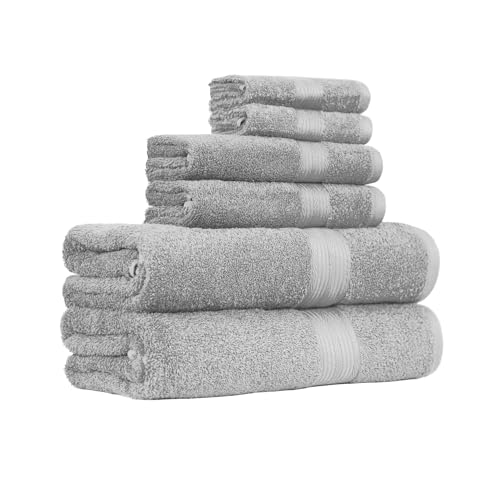 Amazon Basics Soft, Highly Absorbent, Premium 6-Piece Fade Resistant Bath Towel, Hand and Washcloth Set - Cotton, Gray, 14.25' L x 10.85' W