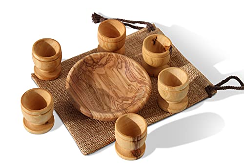 Communion Cups Set - The Lord's Supper - Wooden Bread Tray with 6 Mini Handmade Olive Wood Cups Perfect for Christian Congregations and Church, for Home & as a Wedding set, in a Gift Bag.
