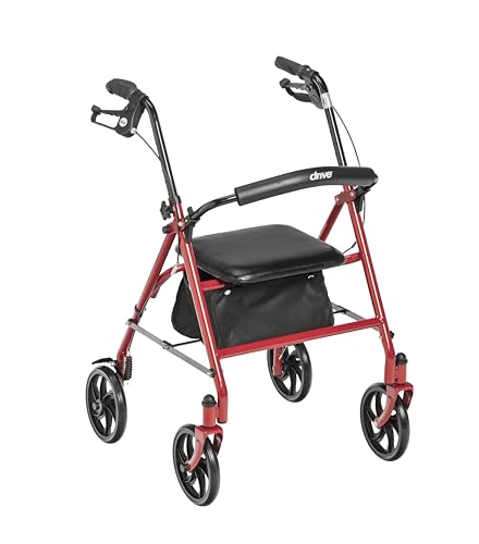 Drive Medical 10257RD-1 4 Wheel Rollator Walker With Seat, Steel Rolling Walker, Height Adjustable, 7.5' Wheels, Removable Back Support, 300 Pound Weight Capacity, Red