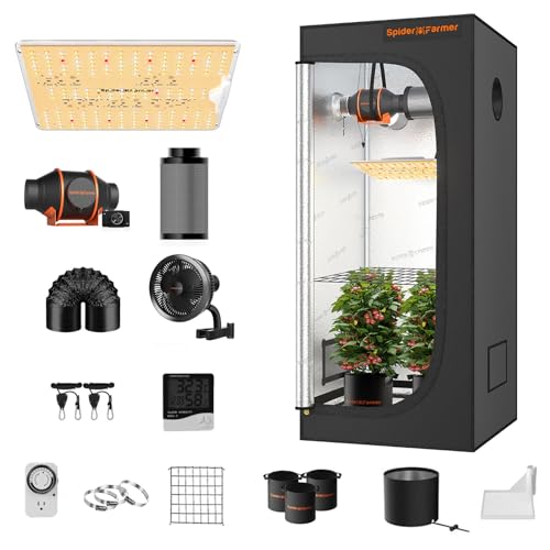 Spider Farmer Grow Tent Kit Complete 2x2x5ft SF1000D Samsung Diodes Full Spectrum Grow Tent Complete System 24'X24'X55' Indoor Grow Tent Kit 1680D Canvas with 4' Ventilation System & 6'' Clip Fan