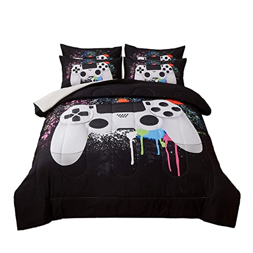 akkialla Gamer Bedding Sets for Boys, Queen Size 3-Piece Gaming Comforter Sets for Kids Teens, Soft Microfiber Video Game Bedding Sets for Game Lovers, 1 Comforter and 2 Pillowcase(White,Queen)