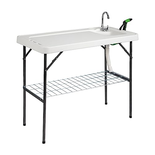 VINGLI Upgarded Folding Fish Cleaning Table with Sink, Portable Camping Sink Table with Grid Rack & Sprayer, Fish Fillet Cutting Table with Drainage Hose for Patio Backyard BBQ…
