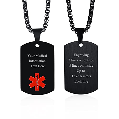 MEALGUET Personalized Medical Alert Necklace | Customized Stainless Steel Emergency Medical ID Dog Tag Pendant Necklace For Mens Womens Teens,Allergy Alert Identification Necklace, 24' Chain