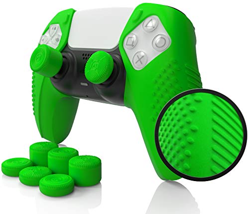 Foamy Lizard SensePro PS5 Controller Skin | Dock Compatible, Soft Flat Anti-Slip Studded Silicone Gel Grip Cover for Playstation 5 Dualsense, Rubber Protector Plus 8 Raised Thumb Grip Caps (Green)