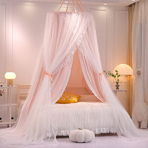 VETHIN Double Layer Princess Round Dome Canopy Bed Curtain for Girls Adults,Children Dreamy Mosquito Net,Cute Bedroom Decoration Castle Play Tent Reading Nook Canopies(Dome-Pink/White)