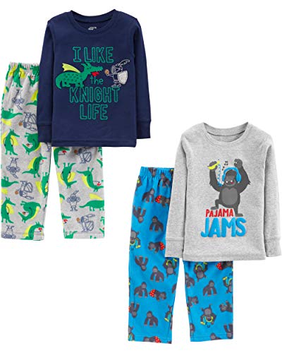 Simple Joys by Carter's Boys' 4-Piece Pajama Set (Cotton Top & Fleece Bottom), Blue Gorilla/Grey Dragon/Navy Text Print, 6
