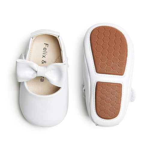 Felix & Flora Infant Toddler Baby Moccasins Soft Sole Bowknot Baby Walking Shoes Mary Jane Dress Shoes (12-18 Months Infant,White)