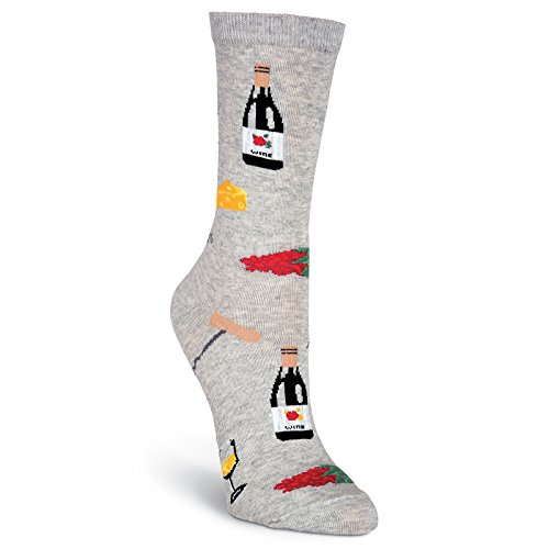 K. Bell Socks Women's Fun Happy Hour Funny Novelty Crew Socks, Wine & Cheese (Grey), Shoe Size: 4-10