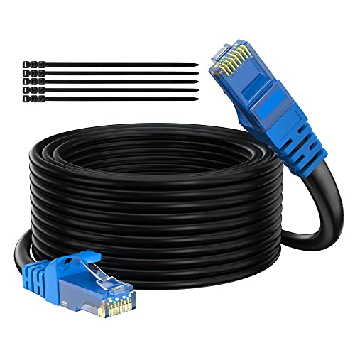 Adoreen Cat 6 Outdoor Ethernet Cable 75 ft, Gbps Heavy Duty Internet Cable (from 25-300 feet) Support POE Cat6 Cat 5e Cat 5 Network Cable RJ45 Patch Cord, UV Waterproof Direct Burial & Indoor+15 Ties