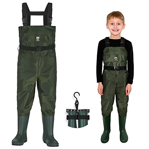 TIDEWE Chest Waders for Kids, Waterproof Youth Waders with Boot Hanger, Lightweight Durable PVC Kids Chest Waders with Boot for Fishing & Hunting (Size 10/11 Big Kid)