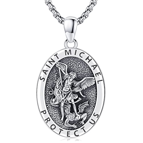 LOOVE St Michael Necklace for Men Sterling Silver Archangel Michael Pendant Catholic Medals Amulet Christian Jewelry (A-St Michael 1)