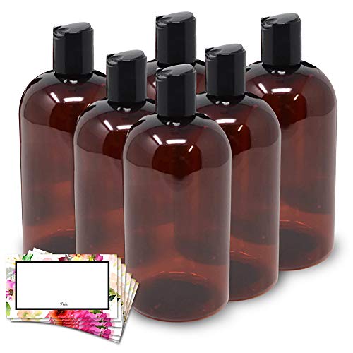Baire Bottles 8 oz Empty Refillable Plastic Bottles with Squeeze Top, Hand-Press Lids - Hand Soap, Shower, Lotion, Homeopathy, Travel, 6 Pack PET, BPA Free USA (Amber/Brown, Black Disc, Floral Labels)