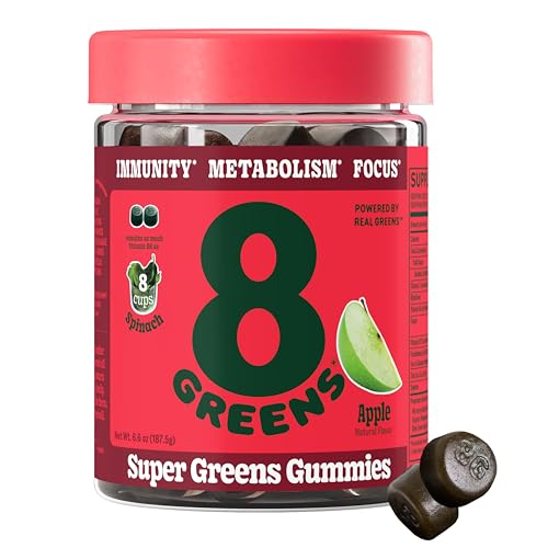 8Greens Daily Greens Gummies - Superfood Booster, Energy & Immune Support, Made with Real Greens, Greens Powder, Vitamin C, B12, Spirulina - Apple, 50 Count