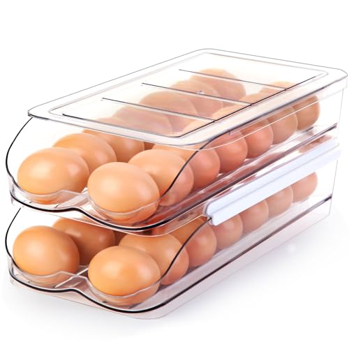 RoskDeewat Egg Holder for Fridge, Automatic Rolling Egg Container for Refrigerator, Stackable Fridge Organizers and Storage with Lid, Clear Plastic Egg Dispenser & Tray (2 Tier)