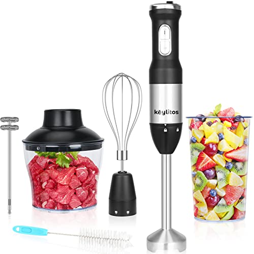 Keylitos 5 in 1 Immersion Hand Blender Mixer, [Upgraded] 1000W Handheld Stick Blender with 600ML Chopper, 800ML Beaker, Whisk and Milk Frother for Smoothie, Baby Food, Sauces Red,Puree, Soup (Black)