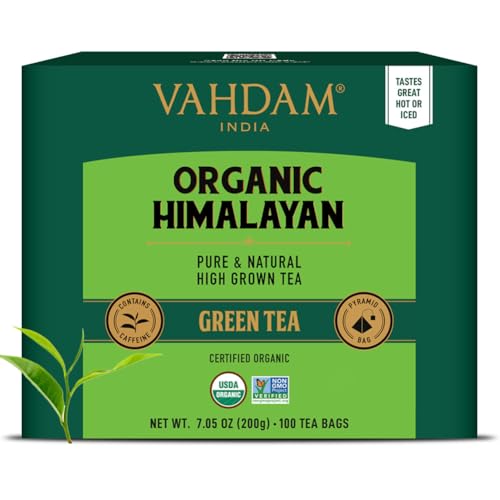 VAHDAM, Organic Himalayan Green Tea (100 Count) High Grown, Non GMO, Gluten Free, Med Caffeine | Earthy, Smooth & Refreshing | Resealable & Individually Wrapped | Plant-Based Pyramid Tea Bags