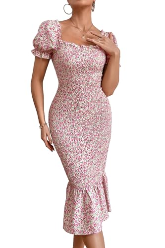 PRETTYGARDEN Women's Summer Floral Midi Bodycon Dresses Short Puff Sleeve Square Neck Ruffle Hem Mermaid Cocktail Dress (Pink,Small)