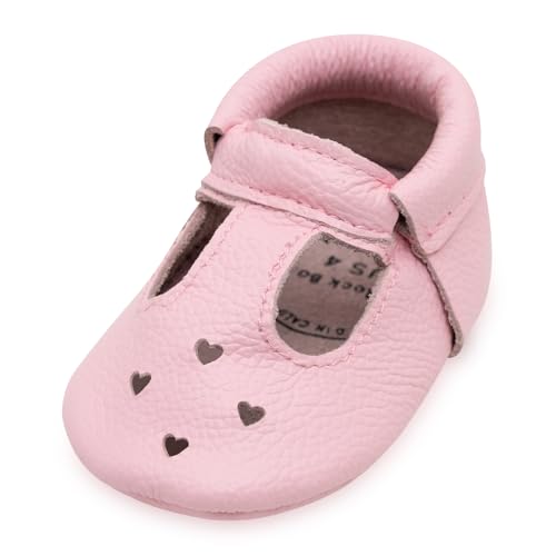 BirdRock Baby Mary Jane Moccasins - Genuine Leather Soft Sole Baby Girl Shoes for Newborns, Infants, Babies, and Toddlers (Light Pink, US 4)