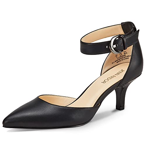 JENN ARDOR Women's Kitten Heel Pumps Ladies Closed Pointed Toe D'Orsay Ankle Strap Dress Stiletto Black, Black, 8 (9.7in)