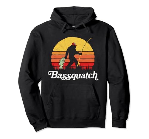 Bassquatch! Funny Bigfoot Fishing Outdoor Retro Pullover Hoodie, Long Sleeve