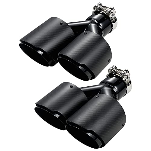 A-KARCK Carbon Fiber Exhaust Tip 2.5' Inlet to Dual 4' Outlet, High Temperature Resistance 9.8' Long Stainless Steel Tailpipe tip, Set of 2