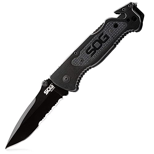 SOG Escape Tactical Folding Knife- 3.4 Inch Serrated Edge Blade Emergency Pocket Knife with Glass Breaker, Wire Stripper and Line Cutter Blades-Black (FF25-CP)