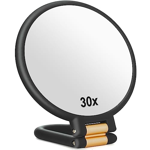 Sifolo 30x Magnifying Mirror, Travel Hand Mirrors with Handle - Double Side Handheld Mirror with 1X 30X Magnification & Adjustable Handle/Stand, Hand Held Foldable Travel Mirror for Makeup(Black)