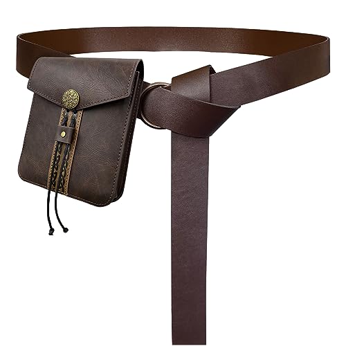 HiiFeuer Medieval Ring Belt with Vintage Belt Bag, Retro Renaissance Middle Ages Faux Leather Belt and Belt Pouch, Portable Side Pack Set for LARP Ren Faire & Halloween