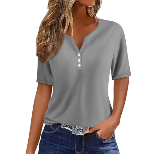 deals of the day lightning deals Boho Tops for Women 2024 Cotton Short Sleeve Shirts for Women Henley Neck Sexy Shirt Loose Fit Buttons Tees Summer Geometric Print Blouses Womens Clothes Clearance Gre