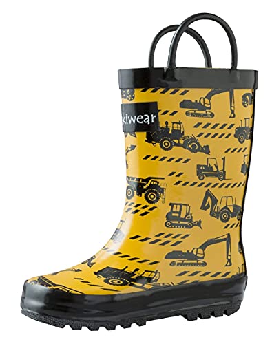 OAKI Kids Rubber Rain Boots with Easy-On Handles, Construction Vehicles, 10T US Toddler